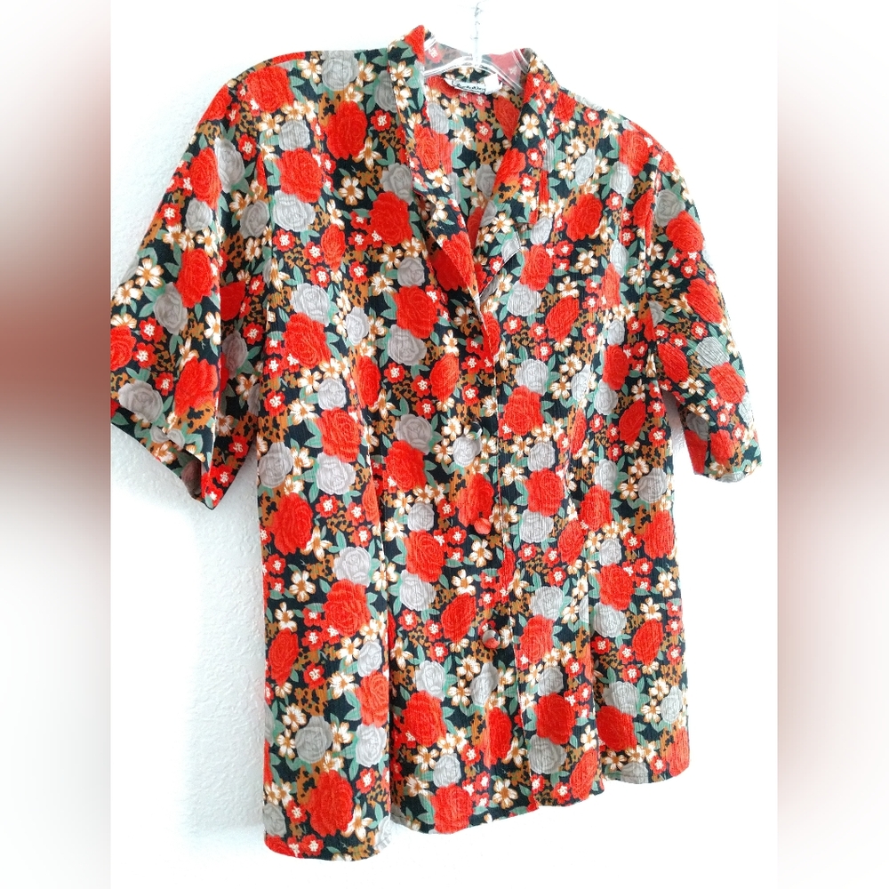 Vintage Notations Blouse Top Shirt Short Sleeve Orange Floral Size 6 Chest 32"